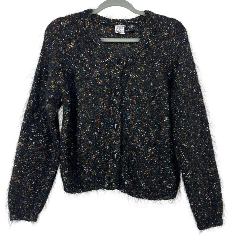 Paul Et Duffier Size S Cardigan Sweater‎ Black Mohair Blend Fuzzy Vintage Women